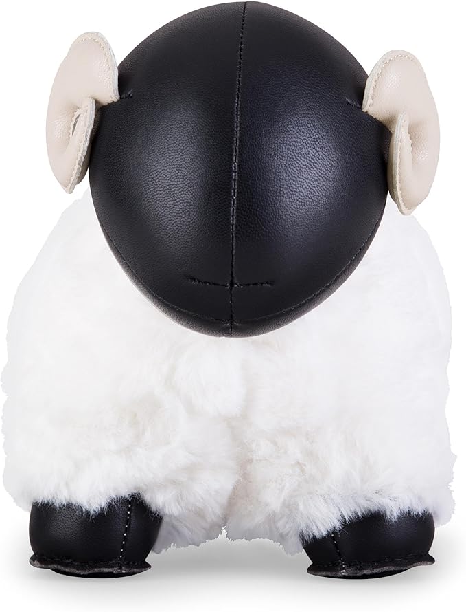 Bookend Sheep Bomy II, Leather Bookends for Shelves, Handmade Animal Lamb Home Decor, Zuny Series, Black + Wheat