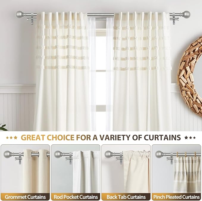 KAMANINA Silver Double Curtain Rods for Windows 66 to 120 Inches (5.5-10 Feet), 1 Inch Adjustable Heavy Duty Drapery Rod, Telescoping Dual Curtain Rod with Round Finials