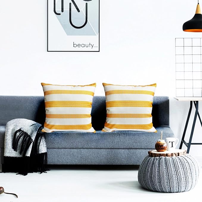 Decorative Throw Pillow Covers Set of 2 Chrome Yellow Boho Striped Pillow Covers 22x22 Inch Throw Pillow Cover Linen Pillowcase Farmhouse Outdoor Pillow Covers for Couch Sofa Living Room