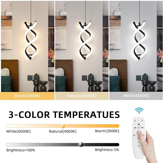 CANEOE Spiral Led Pendant Light Fixture,15W Dimmable Modern Integrated LED Pendant Lamp, Adjustable Height Kitchen Island Hanging Light Fixture for Living Room Bedroom Kitchen Sink, 1 Pack (Black)