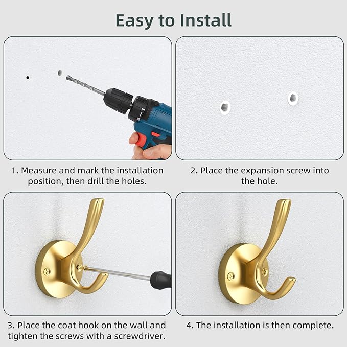 ZUONAI Gold Bathroom Towel Hooks Gold Coat Hooks 2 Pack Heavy Duty Brushed Towel Hooks Screws Solid Brass Wall Hooks for Hanging Coats, Hats, Jacket, Clothing and Keys in Bedroom Bathroom
