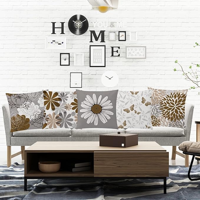 COMMINY Brown Grey Pillow Covers 20x20 Set of 6 Decorative Daisy Flower Throw Pillow Cover for Couch Modern Coffee Pillow Case for Patio Living Room Cushion Bed Farmhouse Home Decor