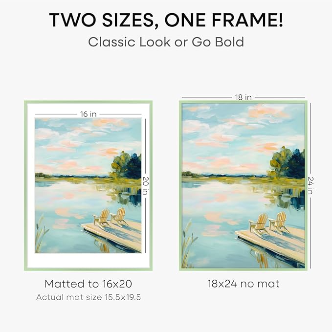 Homeforia 18x24 Frame Sage Green, High End Metal 18x24 Poster Frames with Mat 16x20 inch Photo, 18 x 24 Sage Green Picture Frame Matted to 16 by 20 Art, 24x18 Frame, Tempered Glass, Wall Kit, Set of 2
