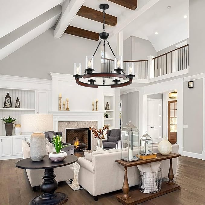28-Inch Wagon Wheel Chandelier Farmhouse Black Rustic Pendant Light Fixture,6-Light Wood Round Chandelier Hanging Pendant Ligh for Dining Room Kitchen Island Living Room,with Clear Glass Shade