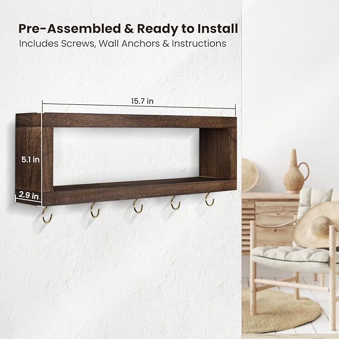 Wall Shelf with Hooks - Decorative Key and Wallet Holder for Wall Holds Sunglasses, Leashes, Scarves and Lanyards - 15.7" x 5.1" x 2.9" Entryway Organizer Made of Paulownia Wood (Brown)