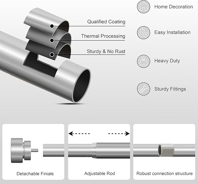 PORTRES Silvery Heavy Duty Curtain Rods for Windows 72 to 144 Inches Adjustable Length 1" Diameter Curtain Rod with Modern Decorative Finials for Outdoor Farmhouse Bedroom Kitchen Living Room