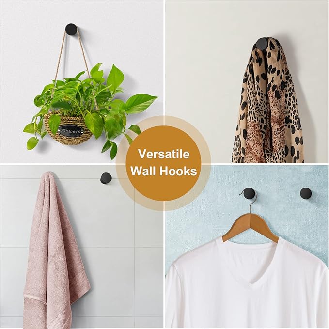 Wood Wall Hooks (6 Pack), Decorative Black Coat Hooks - Heavy Duty, Wall Mounted Hangers for Coats, Backpack, Towel, Cap (Black)