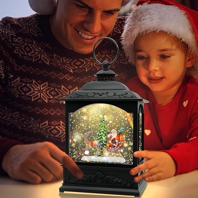 Christmas Snow Globe Lantern with Music & Timer, Santa LED Glitter Lantern, Battery Operated Christmas Globe Decoration, Fall Holiday Decor for Home