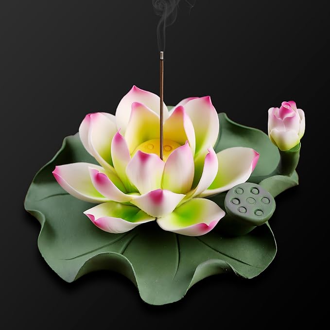 Lotus Incense Burner - Incense Burner Holder for Home Incense Holder Decor Incense Holder for Sticks Yoga, SPA (Z5-Pink Green)