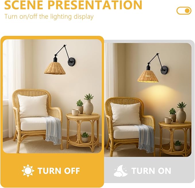 Battery Operated Wall Sconce, Rattan Wall Sconces Battery Operated Set of 2, Bohemian Wireless Battery Wall Sconce with Remote Control for Bedroom, Farmhouse, Gallery