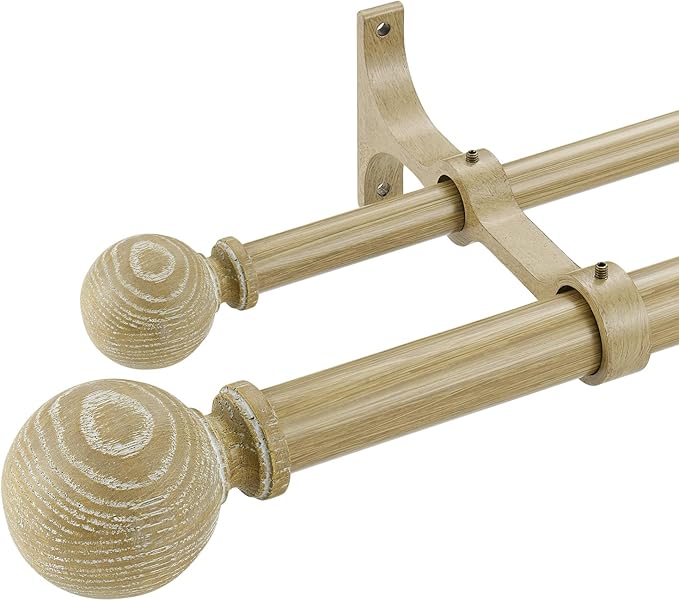 Oak Wood Grain Window Rods, Double Curtain Rod 36-72” Telescoping Length 1Inch Diameter Front Poles and 5/8Inch Diameter Back Poles