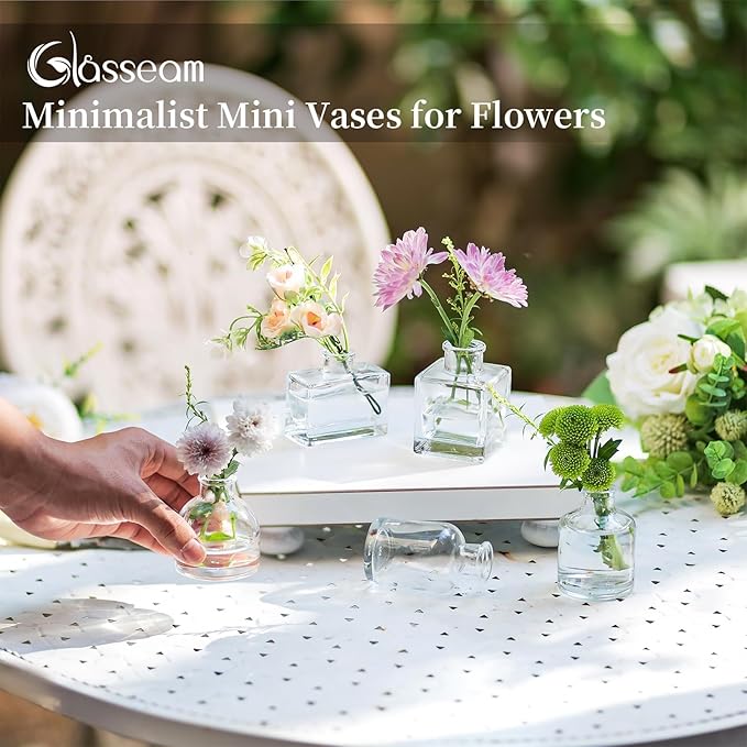 Glasseam Mini Glass Bud Vases: Small Clear Vases for Centerpieces Cute Tiny Flower Vase Set of 10 for Flowers Modern Centerpiece Decor for Wedding Party Dining Room Decoration