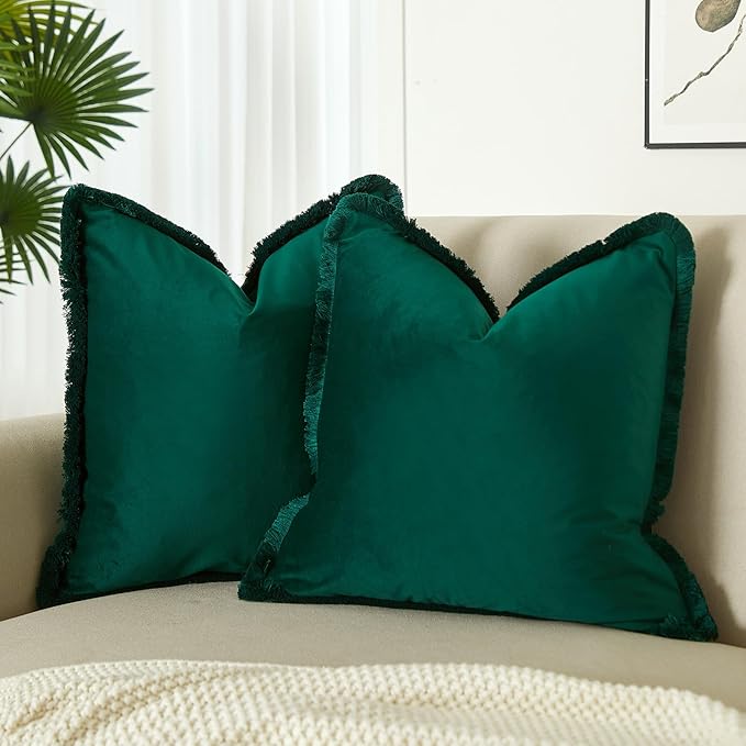 JUSPURBET Forest Green Velvet Throw Pillow Covers 26x26 Inch Set of 2 with Soft Tassel Fringe Luxury Boho Pillowcase for Sofa Couch Bed Home Decor Machine Washable