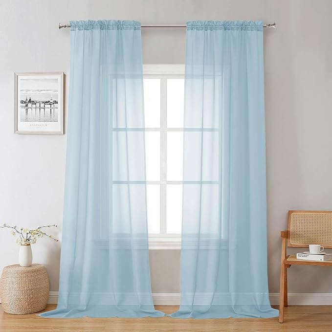 Lecloud Sky Blue Sheer Curtains 96 Inches Long 2 Panels, Light Filtering Voile Solid Air Curtains, Transparent Farmhouse Decor with Dual Rod Pocket for Dining Room Bedroom, Each 42" W x 96" L