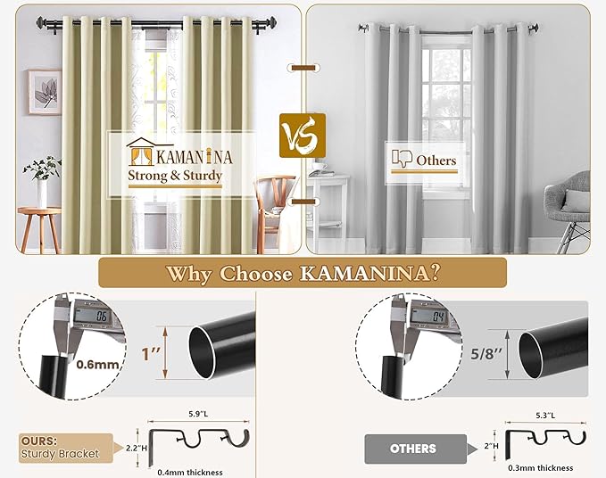KAMANINA 1 Inch Double Curtain Rods 66 to 120 Inches (5.5-10 Feet), Telescoping Splicing Black Curtain Rod for Windows 54 to 115 Inches, Decorative Curtain Rods with Square Finials