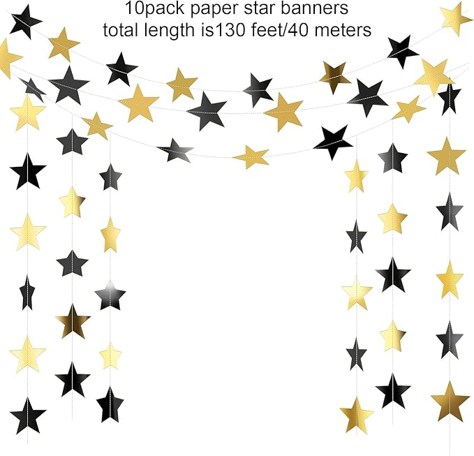 Patelai Glitter Star Garland Banner 2026 New Years Decor 130 Feet Star Hanging Banner Twinkle Backdrop for Birthday Classroom Wedding Christmas Party Supplies(Black, Gold)