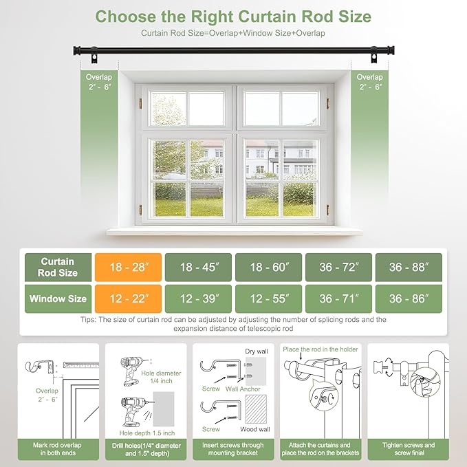 Sturdy Durable Curtain Rod:Black Curtain Rods for Windows 18-28 Inch,Adjustable Heavy Duty Curtains Rod for Bedroom/Kitchen/Dorm/Apartment/Door,Small Modern Decorative Drapery Rods (All-Metal)