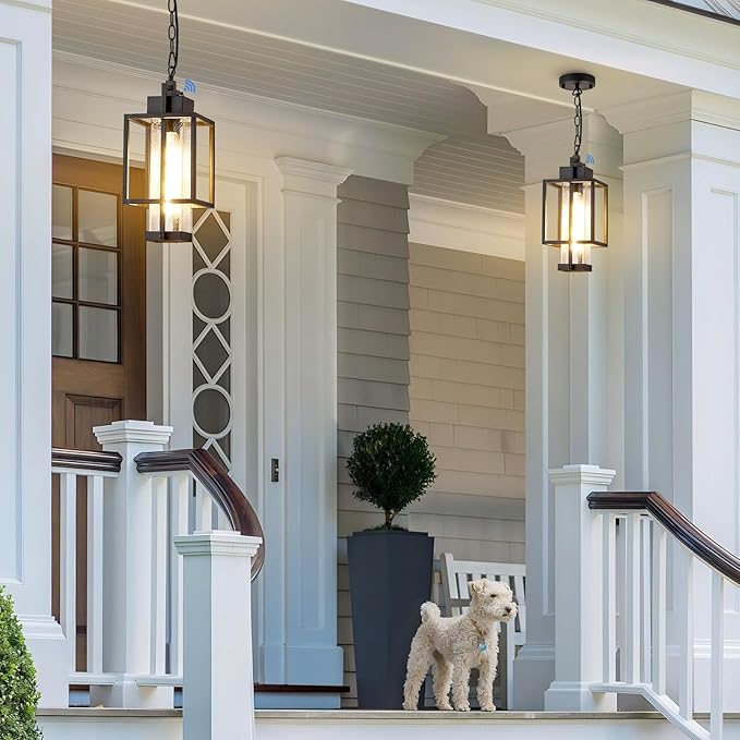 Outdoor Pendant Light Fixture, 16" Dusk to Dawn Exterior Chandelier Porch Hanging Light with Bubble Glass, Moder Black Outside Hanging Lantern for Porch Gazebo, OS-KY1005