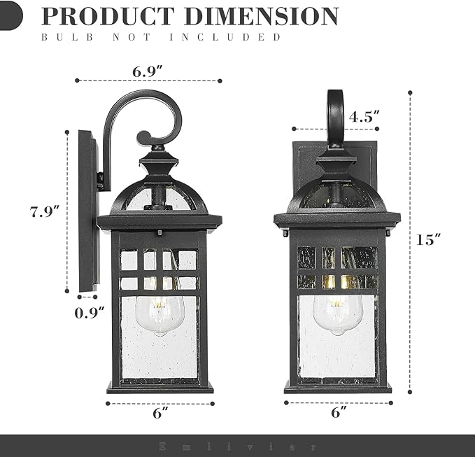 Emliviar 2 Pack Outdoor Light Fixtures Wall Mount, 15" Modern Outdoor Sconce Lights for House, Black Finish with Seeded Glass, DE281-2PK BK