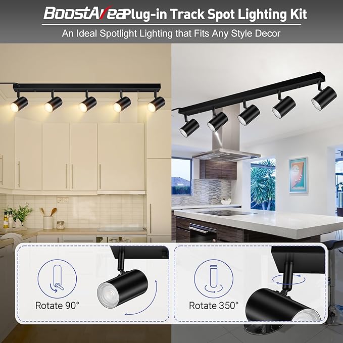 BoostArea Plug in Track Lighting, LED Track Light Kit, Black 5-Light Track Lights for Kitchen, 15 FT Cord,5 Way Ceiling Spotlight, Rotatable Wall Mount Light Head for Bedroom Hallway Living Room