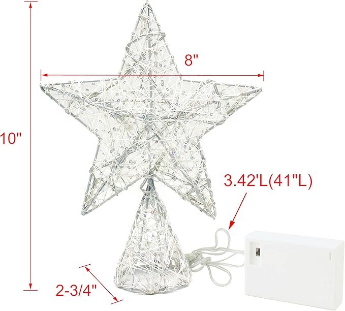CVHOMEDECO. White Tree Top Star with Warm White LED Lights and Timer for Christmas Ornaments and Holiday Seasonal Décor, 8 x 10 Inch
