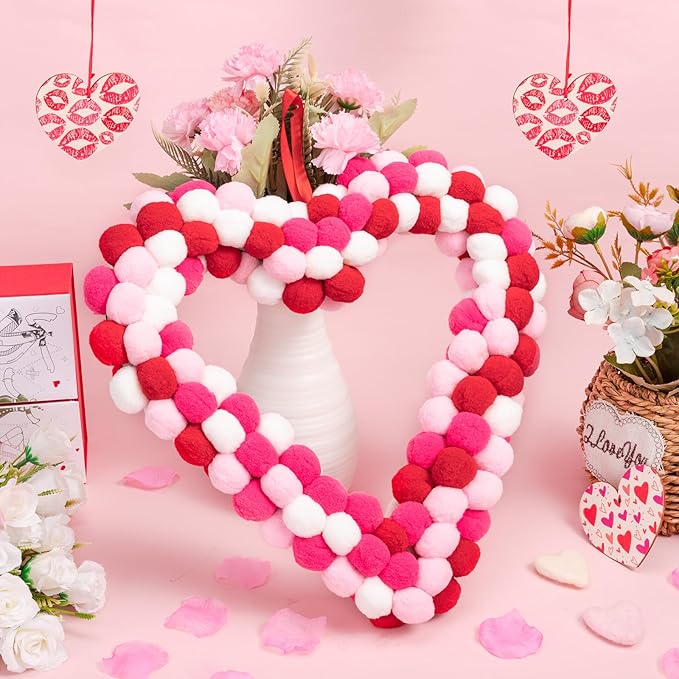 Valentine's Day Heart Felt Pom Pom Wreath, 13" Wool Felt Ball Heart-Shaped Valentines Door Wreath, Pink Felt Heart Wreaths for Valentine Decor, Pompom Valentine Wreaths for Wedding Holiday Anniversary
