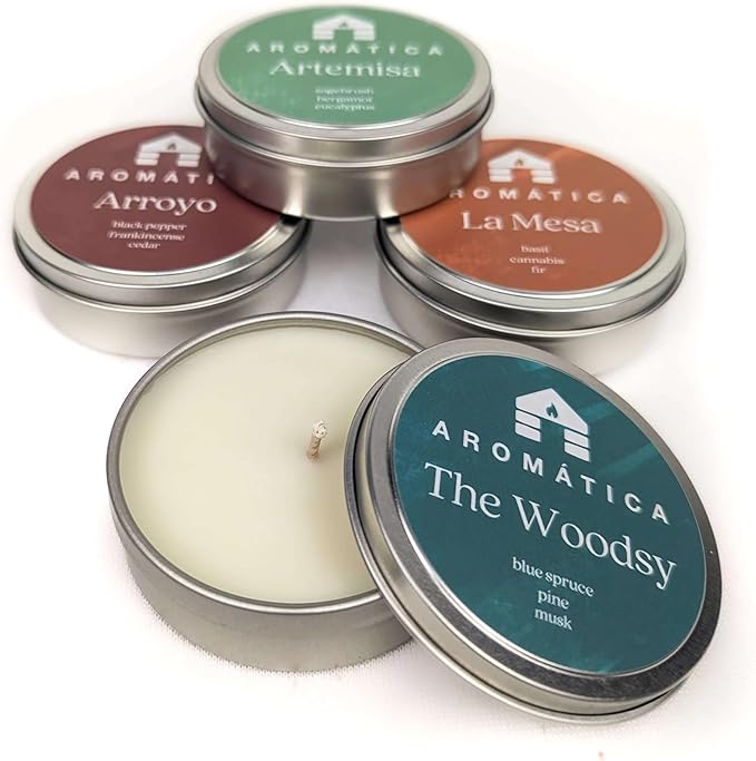 Bluecorn Aromática Scented Candle Sample Set, 7 Clean Burn Coconut Wax Tins, Mountain Lilac, White Lily, Paloma, The Woodsy, Artemisa, La Mesa & Arroyo, Small Candles for Home Decor & Gifts, 2.75 Oz