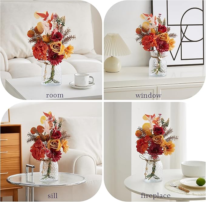 Fake Flowers with Vase Combo Orange Flowers Mix Silk Artificial Flower Gerbera, Fake Plastic Flower Bulk Decoration, Faux flower for DIY Wedding Bridal Bouquets, Floral Arrangement, Table Centerpieces