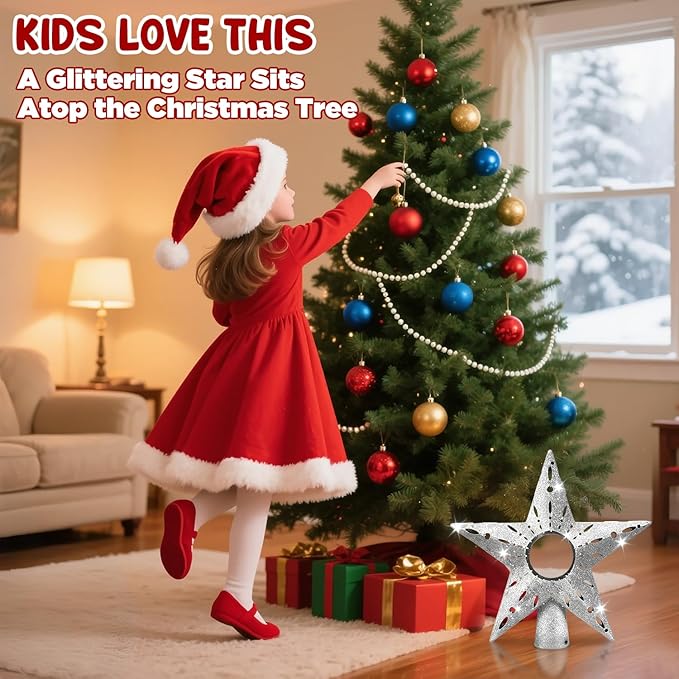 Silver Christmas Tree Topper Star, 12 Inch Glitter Tree Top Decoration, Sparkling Star Ornament for Christmas Tree, Durable ABS Plastic Holiday Decor Accessory, Xmas Tree Topper for Home and Party