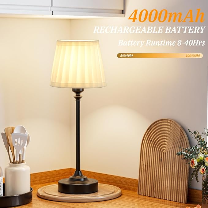 Cordless Table Lamps Rechargeable Set - 2 Pack Black 4000mAH Battery Operated Lamps for Decor, 3000K Stepless Dimming Touch Control Wireless Lamps for Bedroom, Dining Table, Living Room, White Shade