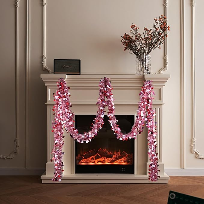 Valentines Garland Decor,50Ft Glitter Tinsel Heart Garland Decorations for Tree Mantle Bedroom Office Classroom Party Indoor Outdoor Holiday Home Pink Red White