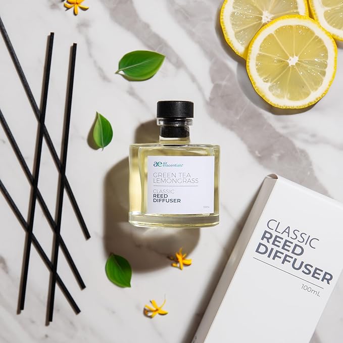 Air Esscentials Classic Green Tea Lemongrass Reed Diffuser Set - Decorative Fragrance Diffuser & Oil for Bathroom & Home | Long-Lasting Aroma | Natural Scent Sticks | Essential Oils, Botanicals| 100mL