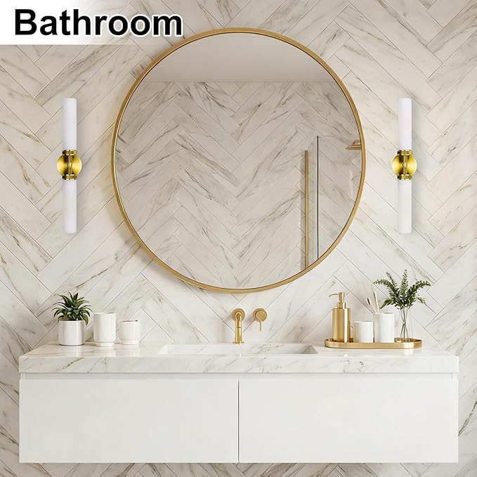 LaLuLa Gold Bathroom Vanity Light Fixtures – 2-Light Hardwired Wall Sconces with Frosted Glass Shades and Textured Metal Frame, Modern Vanity Lighting for Mirror, Bedroom, or Hallway, 25”