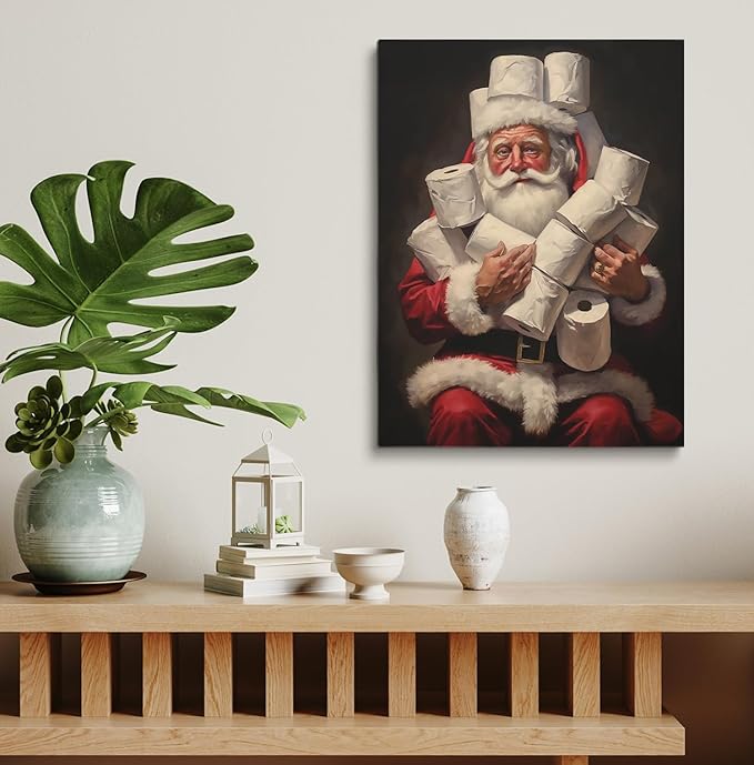 Santa Bathroom Christmas Holiday Decor - Funny Toilet Poster With Santa Rolls - 16x20 Inch Unframed Painting