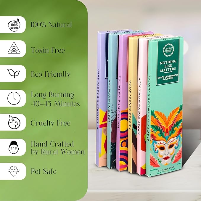 Raajsee Natural Incense Sticks with Insence Holder- Pack of 6 Organic Inscent -120 Insense Sticks, Non Toxic Clean Burning, Boho Gift Set, Sage,Apple Pumpkin,Coconut, Coffee,Rosemary Patchouli