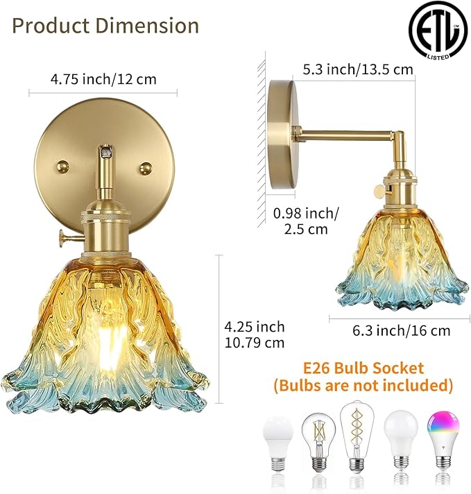 Vintage Wall Sconces, Cabbage Yellow Lampshade & 180 Degree Adjustable, Brass Wall Lights, for Bedroom Living Room Hallway Aisle, Bulbs Not Included, ETL Listed