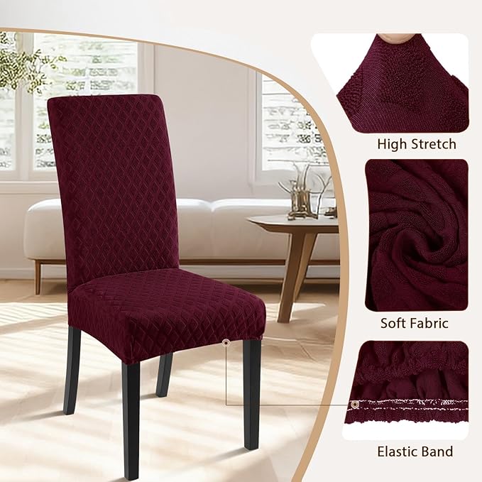 SearchI Dining Room Chair Covers Set of 4, Stretch Jacquard Parsons Chair Slipcovers Super Fit Removable Washable Kitchen Chair Protector Cover for Dining Room, Hotel, Ceremony (Wine Red)