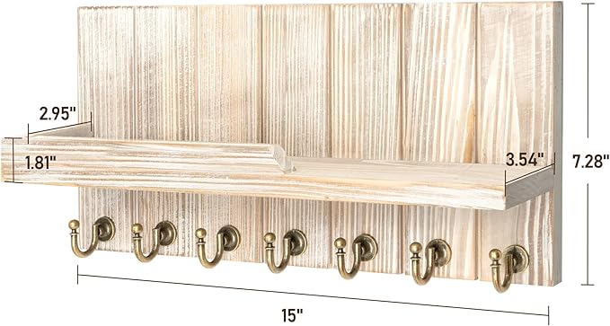 Rebee Vision Farmhouse Key Holder Wall Mount with Mail Organizer - Rustic Key and Mail Holder for Wall with Shelf and 7 Key Hooks - Wooden Apartment Essentials for Room Decor (Natural Wood,15-inch)
