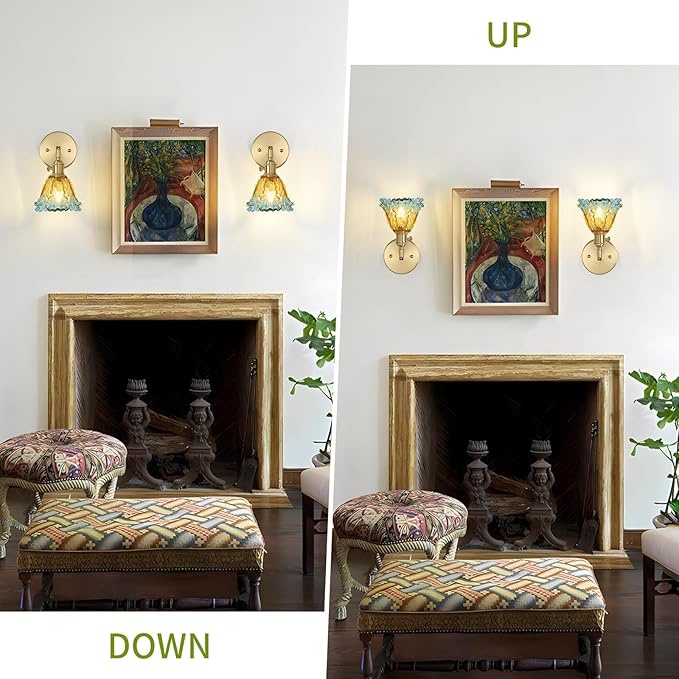 Vintage Wall Sconces Set of 2, Cabbage Yellow Lampshade & 180 Degree Adjustable, Brass Wall Lights, for Bedroom Living Room Hallway Aisle, Bulbs Not Included, ETL Listed