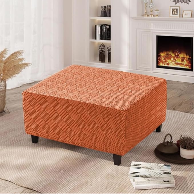 Square Ottoman Cover Large Stretch Storage Ottoman Bench Covers Slipcovers Cube Jacquard Covers for Square Ottomans Coffee Table Footrest Stool Cover with Elastic Bottom L Orange