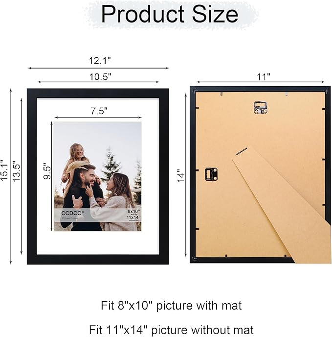 11x14 Picture Frame Set of 2, 11 x 14 Wood Photo Frames with Mat for 8x10, Wooden Frame with Real Glass Cover for Wall and Tabletop Display,Black