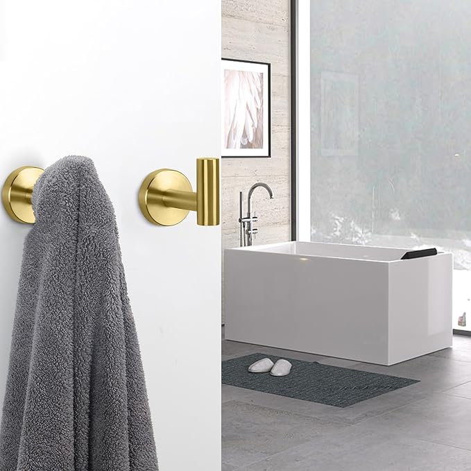 NearMoon Bath Towel Hooks- SUS 304 Stainless Steel Robe Hook Holder, Heavy Duty Coat Hook for Bathroom Livingroom Hotel Kitchen Garage, Wall Mounted (Brushed Gold, 3 Pack)