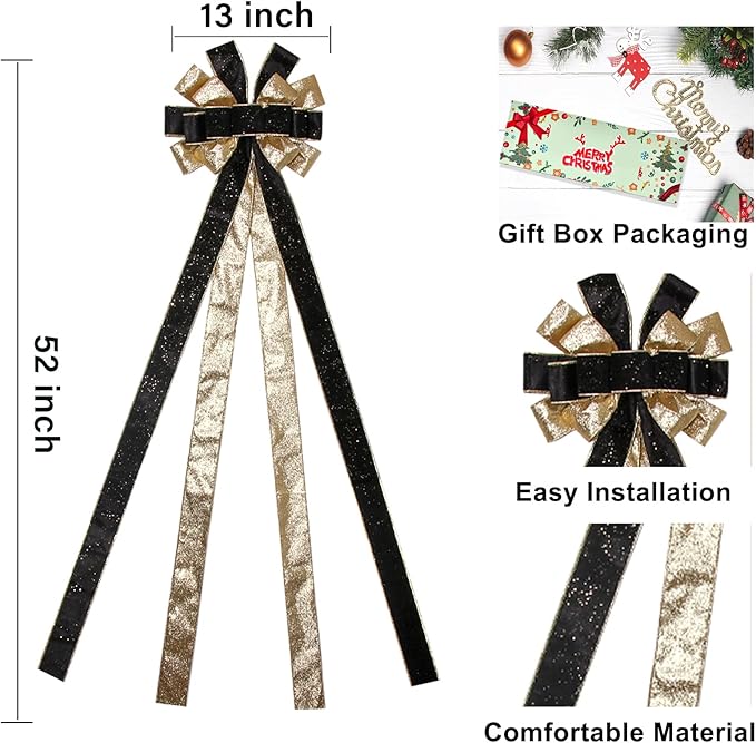 Christmas Tree Topper Wreath Bow Christmas Decorations, 52 * 13 inches Tree Toppers Bow with Gold Ribbon for Xmas Tree Christmas Rustic Farmhouse Home Holiday Party Decorations Black & Gold