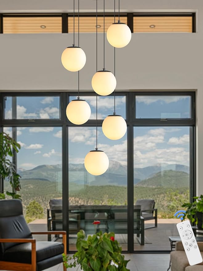 6-Light Black Chandelier with White Globe Glass Dimmable Ceiling Light Glass Pendant Light for Kitchen Island, Dining Room, Living Room, Entry Hallway, LED Bulbs Included
