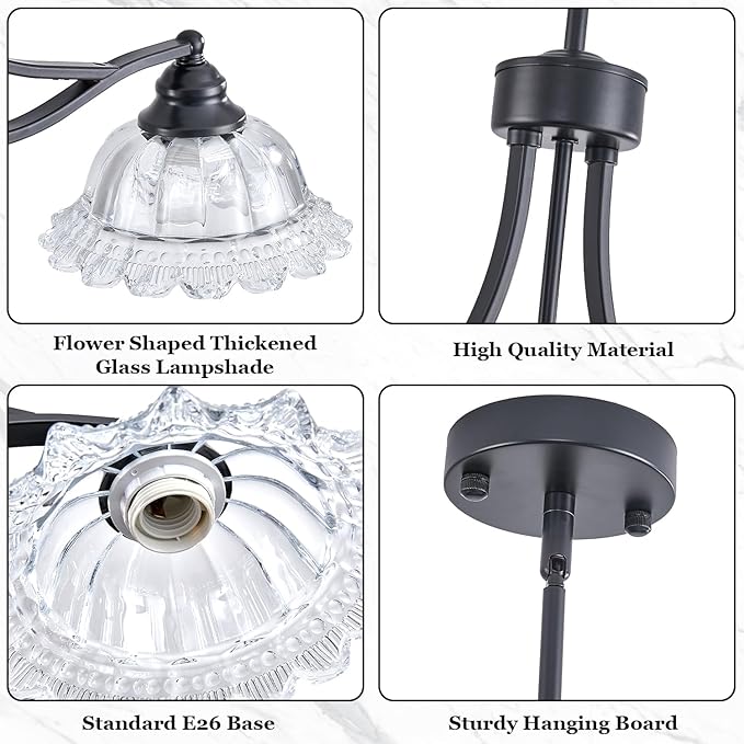 3-Light Vintage Pendant Light Fixtures for Dining Room,Black Kitchen Island Hanging Light with Flower Lampshade, Adjustable Height Ceiling Island Lamp for Kitchen Table Hallway
