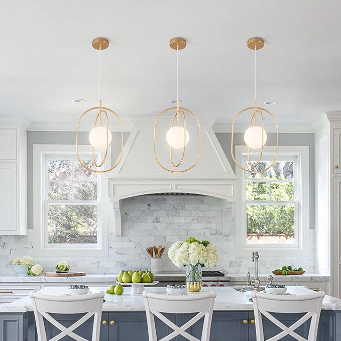 Gold Globe Pendant Lights, Mid Century Modern 1-Light Hanging Lihghting Fixture with Frosted Glass for Kitchen Island Dining Room Bedroom Entryway Hallway