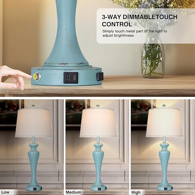 30" Blue Table Lamps Set of 2, Touch Control Farmhouse Living Room Lamp with USB A+C Ports and AC Outlet, 3-Way Bedside Lamps for Nightstand, Vintage Bedroom Lamp, 2 Bulbs Included