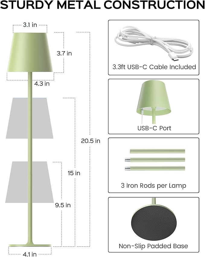 Cordless Table Lamps Rechargeable, 3 Adjustable Height, 5000mAh Battery Operated, 3 Colors Smooth Dimming, Portable LED Waterproof Table Lamp for Kitchen, Bedroom, Outdoor (2 Pack-Mint Green)