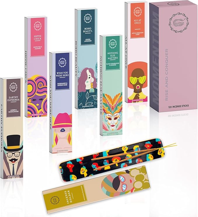 Raajsee Natural Incense Sticks with Insence Holder- Pack of 6 Organic Inscent -120 Insense Sticks, Non Toxic Clean Burning, Boho Gift Set, Sage,Apple Pumpkin,Coconut, Coffee,Rosemary Patchouli