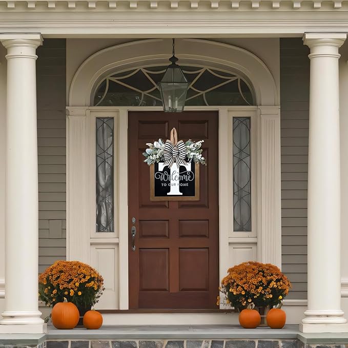 Ultra Large 14'' Last Name All Year Round Front Door Wreath with 26 Initial Letter Welcome Sign All Seasons Eucalyptus Garland and Bow Wreaths for Front Door Porch Farmhouse Decoration (T)